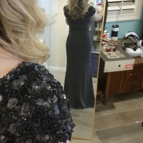 Bagley Mishka Embellished Sequin Beaded Cap Sleeve Gown V Neck V Back Size 8 - Picture 6 of 13